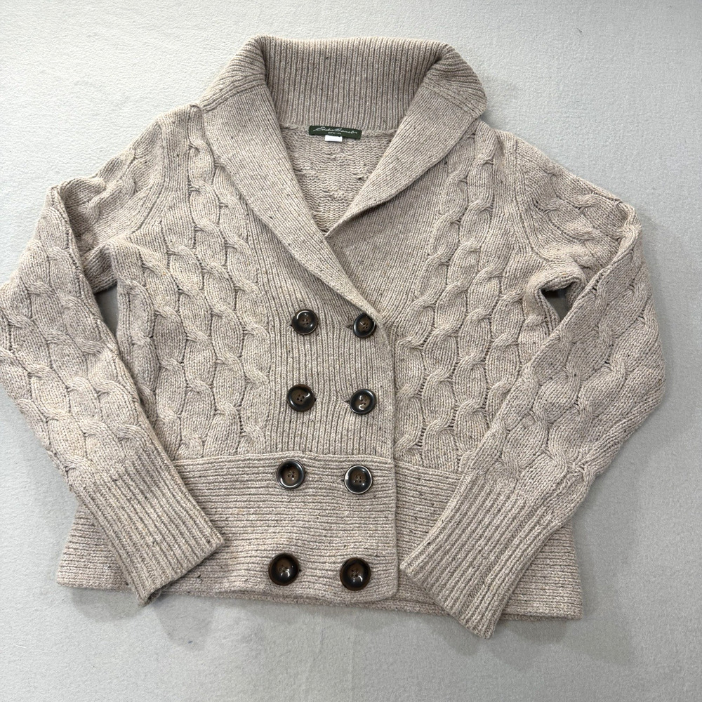 Eddie Bauer Cable Knit Crop Cardigan Sweater Double Breasted Wool Angora M